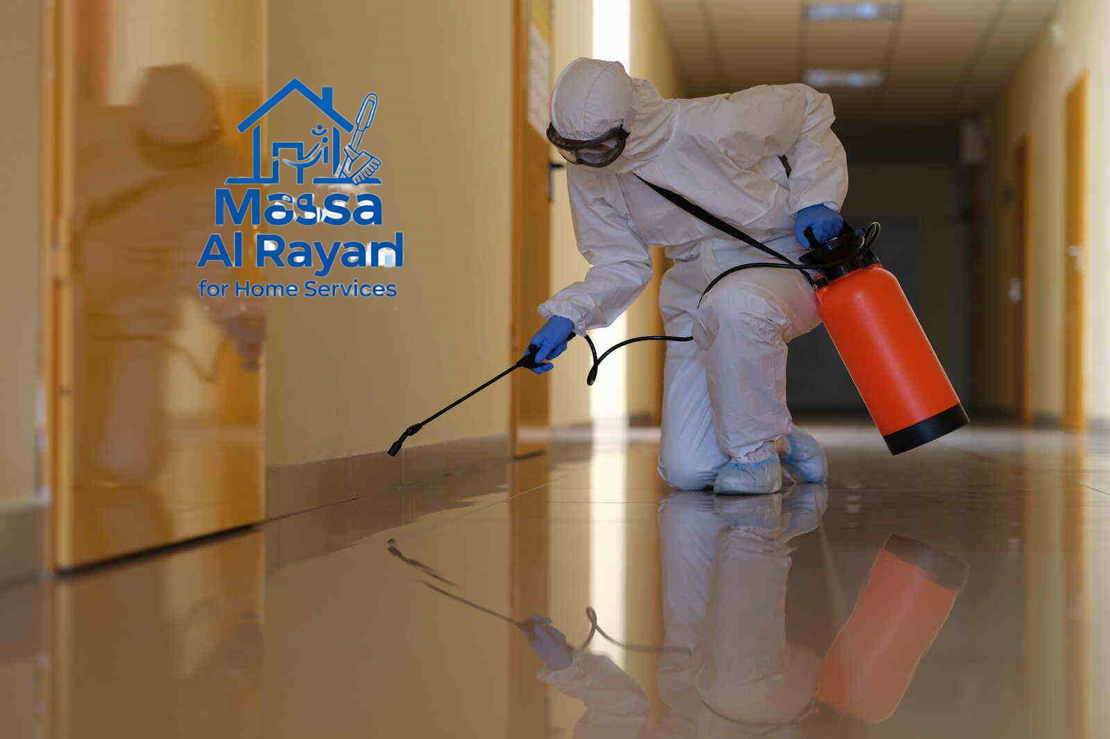 شركة مكافحة الحشرات بشمال الرياض 2 Person in protective suit disinfects office and corridors to prevent spread of COVID-19. Disinfection of premises in medical institutions concept