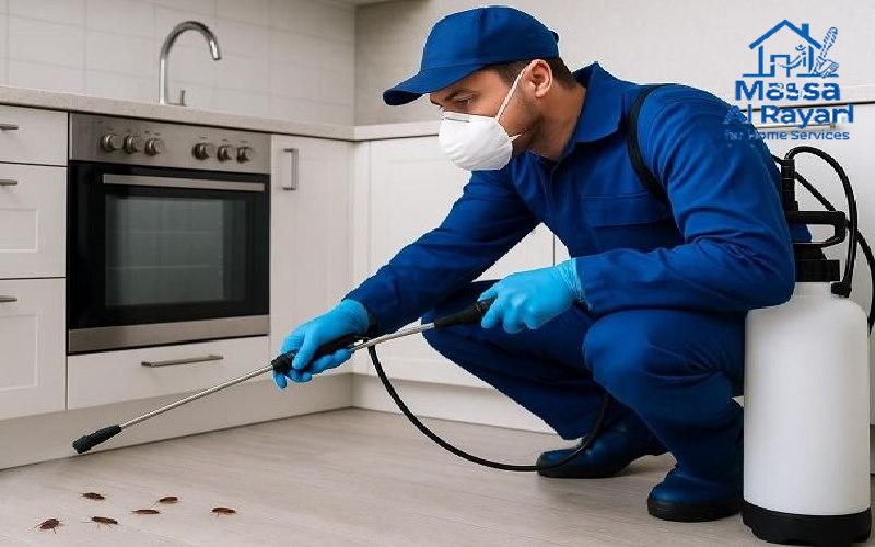فني شركة رش المبيدات شرق الرياض يقوم رش صراصير المطبخ بأفضل أنواع المبيدات