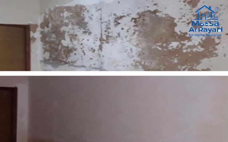 "نتائج اصلاح تسربات المياه: جدار قبل الإصلاح متضرر بالرطوبة وبعد الإصلاح بحالة ممتازة"