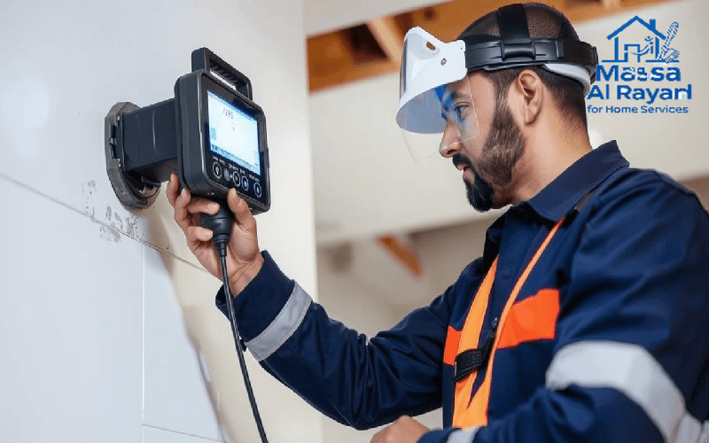 "فني شركة كشف تسربات شمال الرياض يستخدم الكاميرا الحرارية للكشف عن تسربات المياه خلف الجدران بدون تكسير"