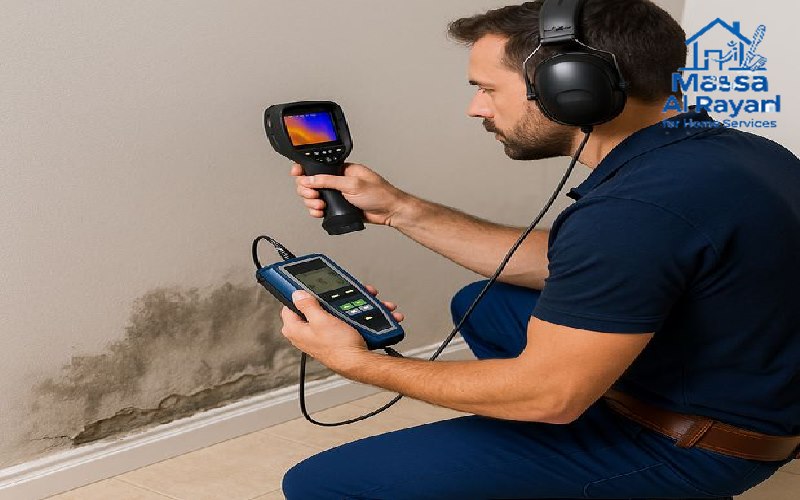 تصوير حراري يظهر تسرب مياه خلف جدار باللون الأزرق في منزل شرق الرياض