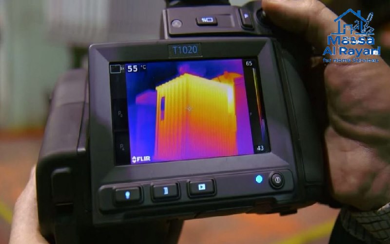 تصوير حراري يظهر تسرب مياه خلف جدار باللون الأزرق في منزل بغرب الرياض