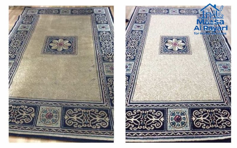 صورة توضح الفرق قبل وبعد تنظيف السجاد في الرياض