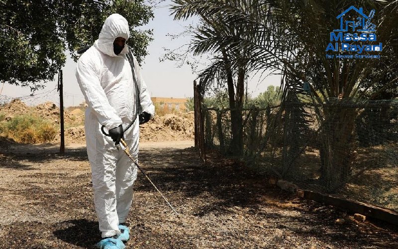 فني مكافحة حشرات يقوم برش حديقة المنزل