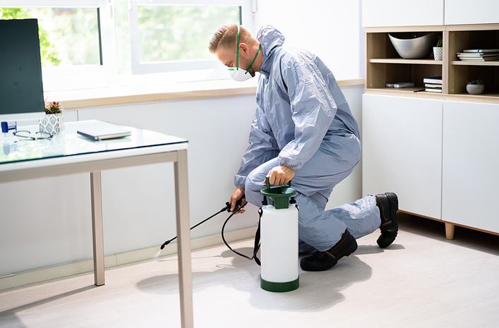 فني مكافحة حشرات معتمد يقوم بخدمة الرش الآمن في منزل بالرياض