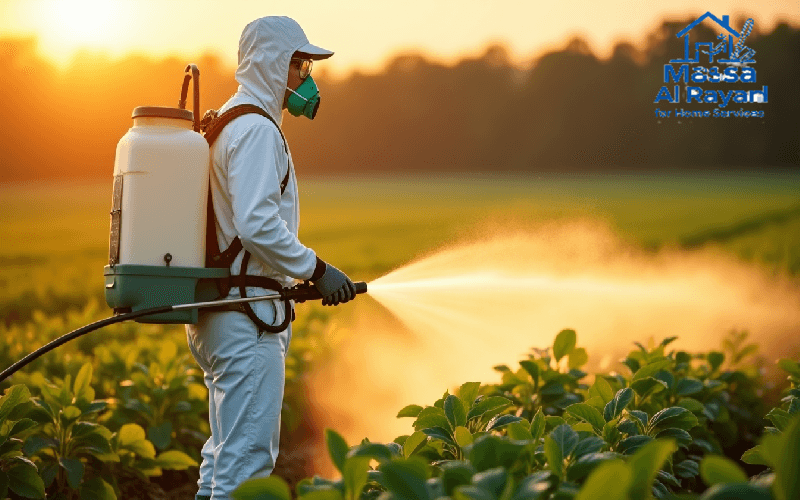 شخص يرتدي معدات وقاية شخصية كاملة (قفازات، نظارات، قناع) يقوم برش المبيدات على نباتات في حديقة