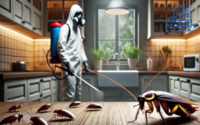 فني متخصص يقوم بمكافحة الصراصير داخل منزل في الرياض