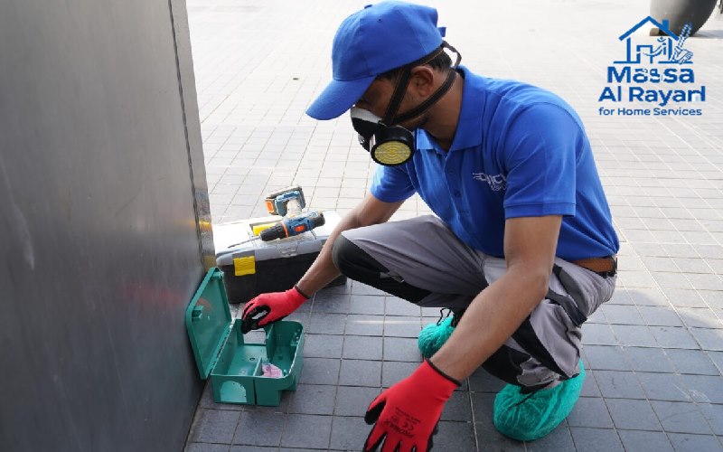 فني متخصص يقوم بوضع مصيدة للفئران بجانب جدار منزل في الرياض